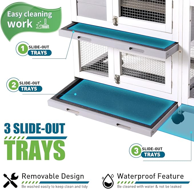 Rabbit Hutch, Indoor Cage Outdoor Two Story Bunny with Asphalt Roof Guinea Pig with Removable No Leaking Tray, Ramp, Pet House for Small Animals