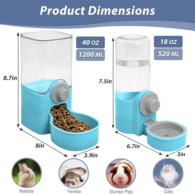 Fhiny Rabbit Food & Water Dispenser, Large Capacity Gravity Guinea Pig Feeder and Waterer Set for Cage Hanging Automatic Bunny Feeder for Bunny Guinea Pig Chinchilla Ferret Cat Puppy