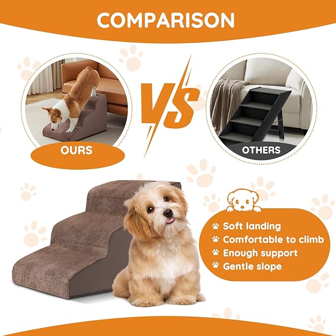 Pet Stairs, Dog Stairs for Small Dogs, Dogs Steps, 5-Step Curved Dog Ramp for Bed, Couch, Sofa, Car and Chair, Non-Slip Bottom Design, Cat Scratching Board, High Density Foam Portable Pet Step, Coffee