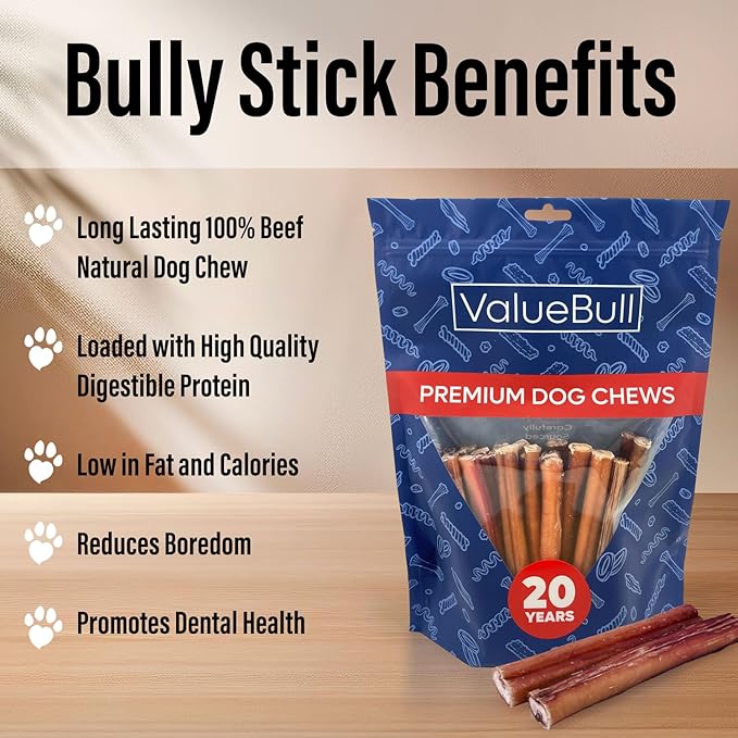 ValueBull Bully Sticks for Dogs, Thick 6 Inch, 100 Count Bulk Pack - All Natural, Grass Fed, Single Ingredient, Long Lasting Dog Treats