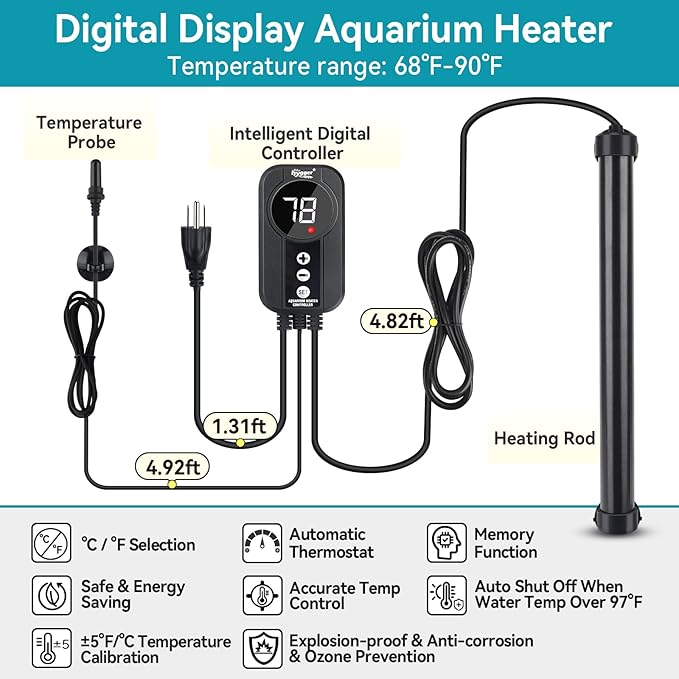 hygger Marine Aquarium Heater 500W,Titanium Heater with Digital LED Controller & Temperature Probe,Submersible Fish Tank Heater with Temperature Calibration,for Saltwater Freshwater Tank 70-80Gallon