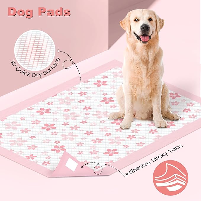 MIZOK Dog Pee Pads 28x34in Pink, Puppy Pads Extra Large Absorbent with Adhesive Tabs 6-Layer Leak-Proof Quick-Dry Design Odor Control for Potty Training, Cherry Blossom Prints (40 Counts)