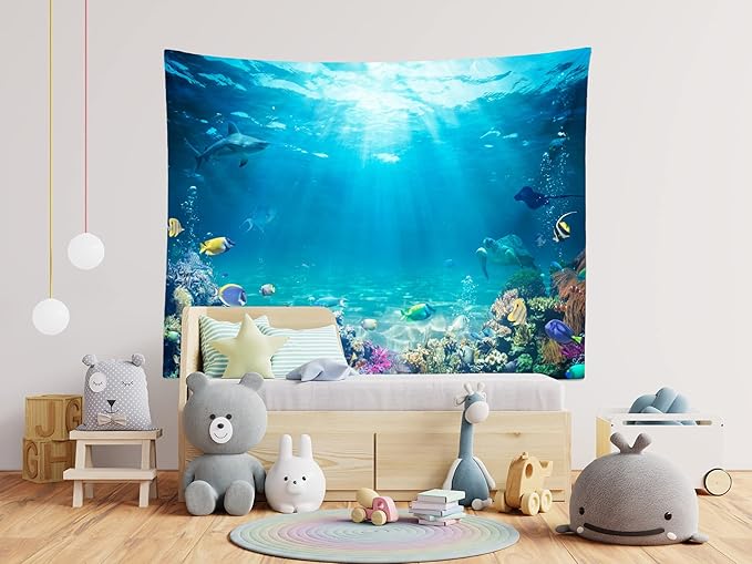Loccor Underwater World Tapestry Blue Ocean Wall Hanging Under the Sea Coral Reef Wall Tapestry 140x118 Inches Tropical Fish Tank Undersea Tapestries Marine Wall Art for Bedroom Living Room Dorm Decor