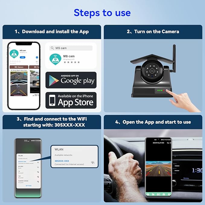 Magnetic Solar Wireless Backup Camera, 10000mAh Rechargeable Battery Powered Reversing Camera, 1-Min Easy Installation, App Control WiFi Backup Camera, for Trailer, RV, Truck, SUV, Van