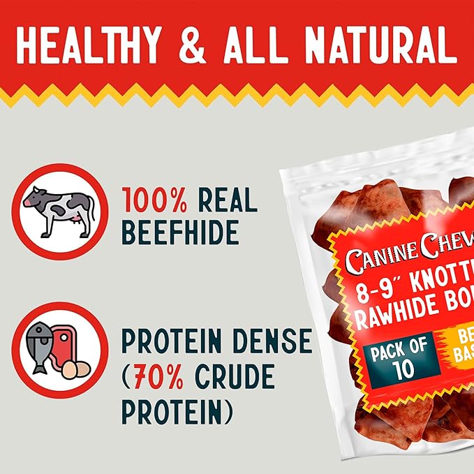 Canine Chews 8-9 Inch Beef Basted Knotted Rawhide Bones for Large Dogs - Durable Rawhide Bones for Medium and Large Dogs - Long Lasting Dog Rawhide Bones with for Aggressive Chewers - 10 Pack