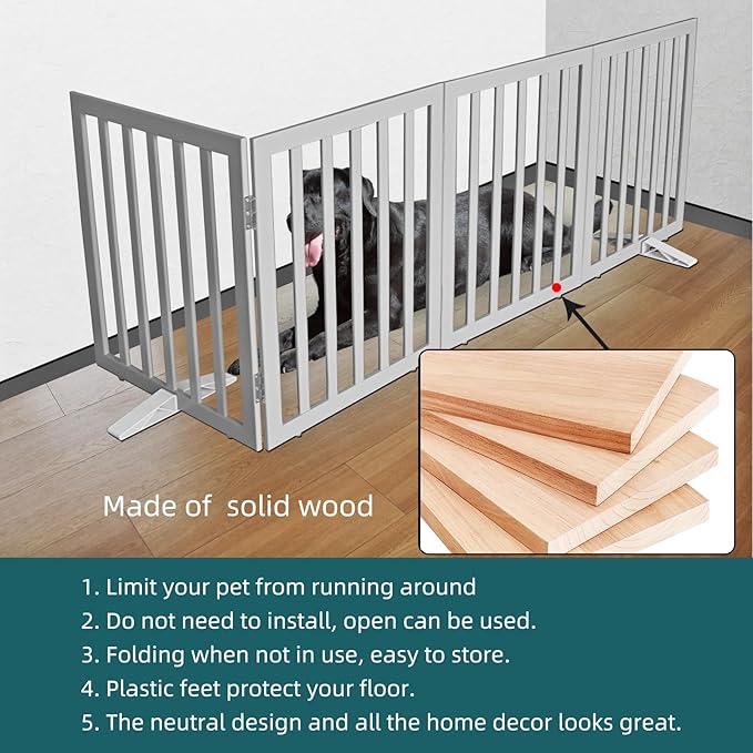 ZJSF Freestanding Indoor Dog Gate for House Foldable Wood Puppy Gate for Doorways Pet Gate for Stairs Extra Wide Pet Fence, Grey, 24" Height 4 Panels