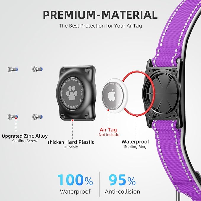Airtag Dog Collar - 100% Waterproof Air tag Dog Collar Holder for Apple AirTag, Reflective, Soft Padded, Everlasting, GPS Dog Collar for Small Medium Large Dogs (Purple, L)