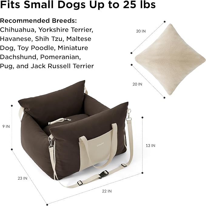 Lesure Small Dog Car Seat for Small Dogs - Soft Dog Booster Seat for Car with Storage Pocket and Clip-On Safety Leash and Thickened Memory Foam Filling, Pet Travel Carrier Bed Brown