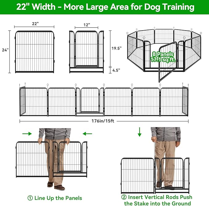 Puppy Playpen 8 Panels Small Dog Fence Outdoor Indoor Use 24" Height Anti-Rust with Doors Portable Dog Play Pen for RV Camping Yard, Total 17FT, 25 Sq.ft, Snowy Black