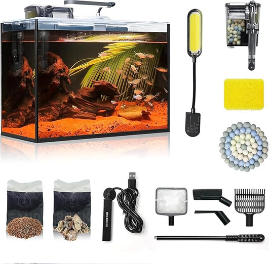 Small Aquarium Set Glass 2.6 Gallon Fish Tank, Starter Kit with Heater Self Cleaning System Efficiency Filter Bright Light Rocks Gravel Cleaning Tool, Leak-Proof Ultra-Clear Rimless Desktop Betta Tank