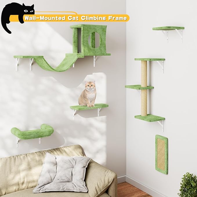 NUNU LAB Wall Mounted Cat Furniture, 6 Pcs Cat Wall Shelves with Condo House, Bridge, Steps, Scratcher, Hammock, Indoor Safe & Stable Furniture for Kittens Play, Green