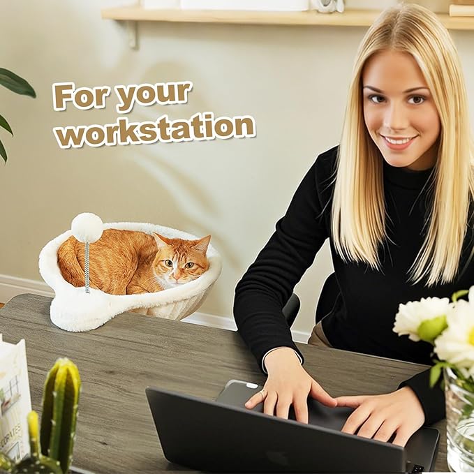 PAWZ Road Cat Bed for Desk with Interactive Plush Ball, 12 Inches in Diameter,Space-Saving Cat Desk Bed, White Cats Hammock for Table Supports Up to 40lbs, Medium
