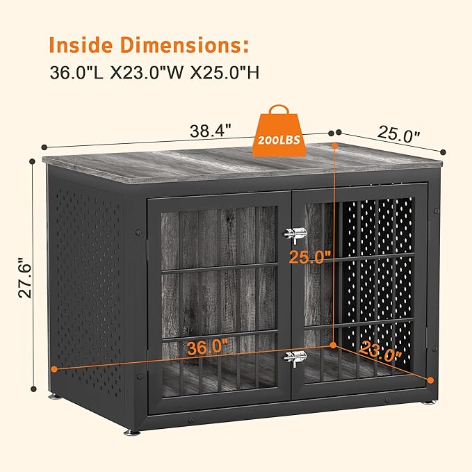 38" Heavy Duty Dog Crate Furniture for Large and Medium Dogs,Wooden Metal Kennel for High Anxiety Dogs, Chew Proof Pet Cage Indoor, Decorative Dog Kennel End Table