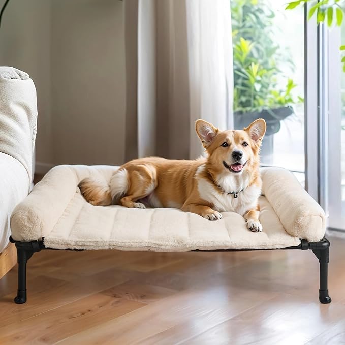 Veehoo Cooling Elevated Dog Bed + Removable Fluffy Pillow-Top Mat, Plush Dog Bed with Bolster, Breathable Mesh, No-Slip Feet, Portable Raised Dog Bed for Indoor & Outdoor, 32"x25", Medium, CWC2331E