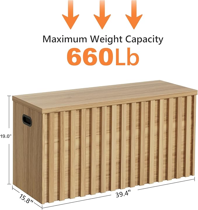 UEV Storage Bench,39.4" Wood Box, Storage Trunk with 2 Safety Hinges, Ottoman Storage Chest, Fluted Storage Bench for Bedroom, Entryway, Living Room(Natural Wood)