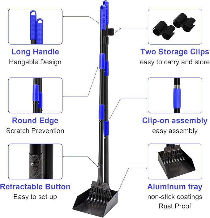 Pooper Scooper, Dog Pooper Scooper Tray and Rake Set with Adjustable Stainless Steel Long Handle for Large Medium Small Dogs (Blue)