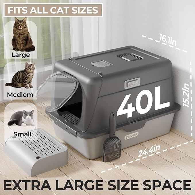 Stainless Steel Cat Litter Box with Lid, XX-Large Extra Large Litter Box for Big Cats, Enclosed Removable Metal Cat Box with High Sided Enclosure,Magnetic Door,40L Box, Litter Trap Step/Mat
