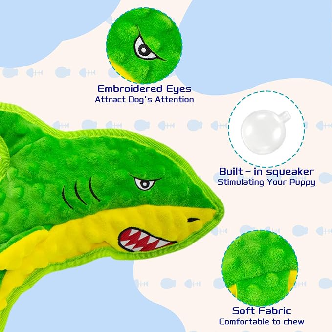 Squeaky Dog Toy No Stuffed Dog Toys,Green Shark Puppy Toys for Small Medium Large Breed pups Teething Interactive Toy to Keep Them Busy, Best Christmas Birthday Gift
