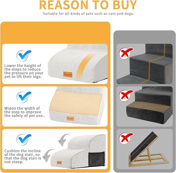 Topmart High Density Foam Pet Steps 2 Tiers,11.8" High,Non-Slip Dog Stairs,Soft Foam Dog Ramp Ladder,Best for Injured,Older Cats,Pets with Joint Pain,Suitable for Low Sofas,Stairs,Lower Place