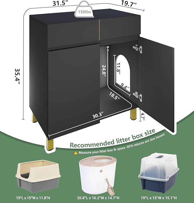 Large/Tall Litter Box Enclosure, Modern Wooden Litter Box Furniture for XL Litterbox with Drawer as Sideboard Cabinet (Black)