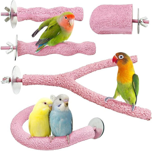 PINVNBY 5 Pack Bird Perch Resin Bird Beak Grinding Stone Parrot Cage Perch Stand Platform Foot Claws Trimmer Chew Toy Bird Cage Accessories for Budgie Cockatiel Conure Lovebird Finch (Pink)