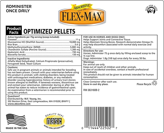 Absorbine Flex+Max Horse Joint Supplement Pellets, Highly Palatable, Comprehensive Equine Formula with Glucosamine, MSM, Chondroitin & Flaxseed, 5lb Bag / 30 Day Supply