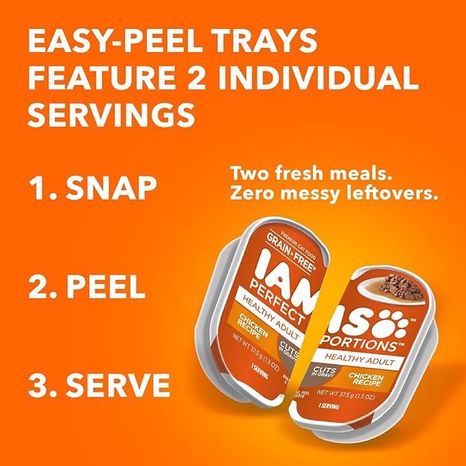 IAMS Perfect Portions Adult Wet Cat Food Cuts in Gravy, Chicken, Tuna, and Salmon Recipe Variety Pack, 2.6 oz. Easy Peel Twin-Pack Trays (24 Count, 48 Servings)