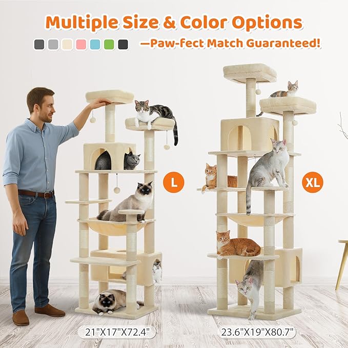 PAWZ Road Heavy Duty Cat Tree for Large Cats, 81 Inches Tall Cat Tower with 2 Perches, 2 Condos and Spacious Hammock, XL Extra Large Condo with 7 Scratching Posts for 20lb+ Adult Cats,Beige