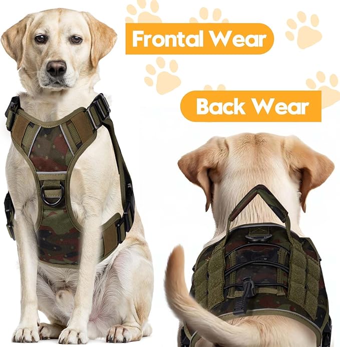 Heavy-Duty Tactical Dog Harness for Large Dogs, No Pull Adjustable Reflective Pet Vest with Molle System, K9 Military-Grade Control for Service Training, Outdoor & 10+ Breeds, Green Camo, Medium