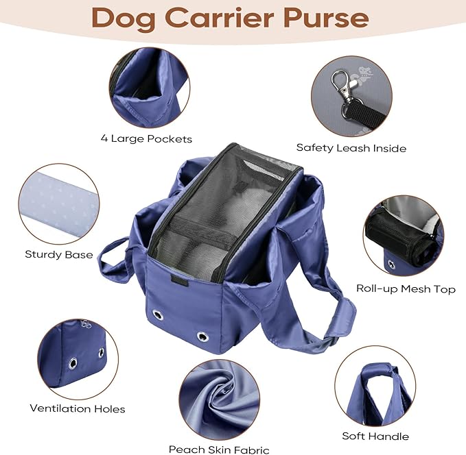 Dog Purse Carrier for Small Dogs, Cats, and Puppies – Soft-Sided Travel Pet Tote Bag with 4 Large Pockets, Foldable, Lightweight, Fits Pets up to 15 lbs, for Travel, Outings (Dark Blue)