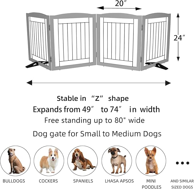 ZJSF Freestanding Dog Fence Indoor, Foldable Dog Gate for Doorways, Stairs or Hallways, Sturdy Wood Extra Wide Pet Gate with Support Feet for The House, Grey, 24 "Height-4 Panels