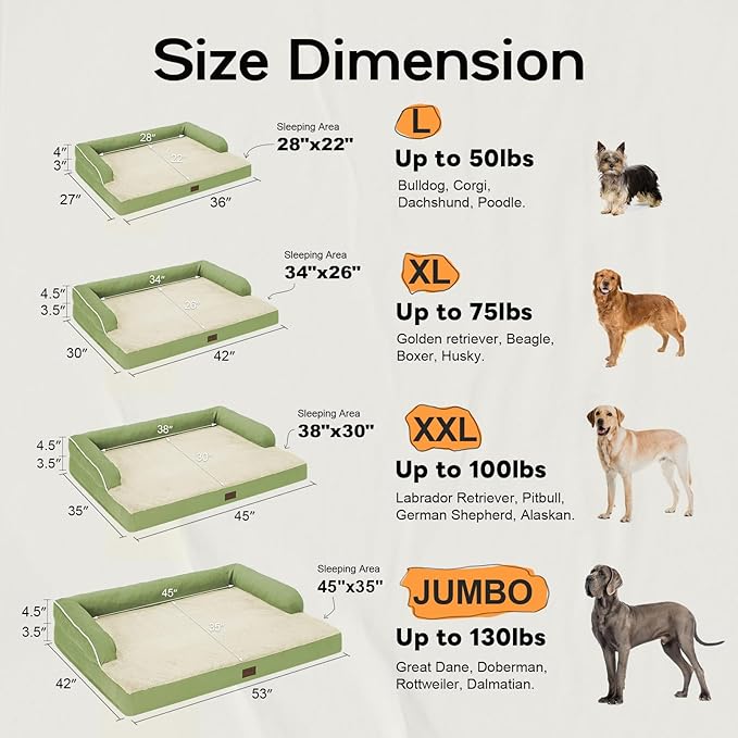 Large Dog Bed Orthopedic Washable - Memory Foam - XXL Large Big Dogs - Beds Bolster Pet - Couch Sofa - Waterproof with Removable Cover - Grass Green Dog Bed