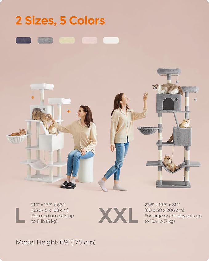 Feandrea Cat Tree, 66.1-Inch Large Cat Tower with 13 Scratching Posts, 2 Perches, 2 Caves, Basket, Hammock, Pompoms, Multi-Level Plush Cat Condo for Indoor Cats, Jelly Pink UPCT165P01