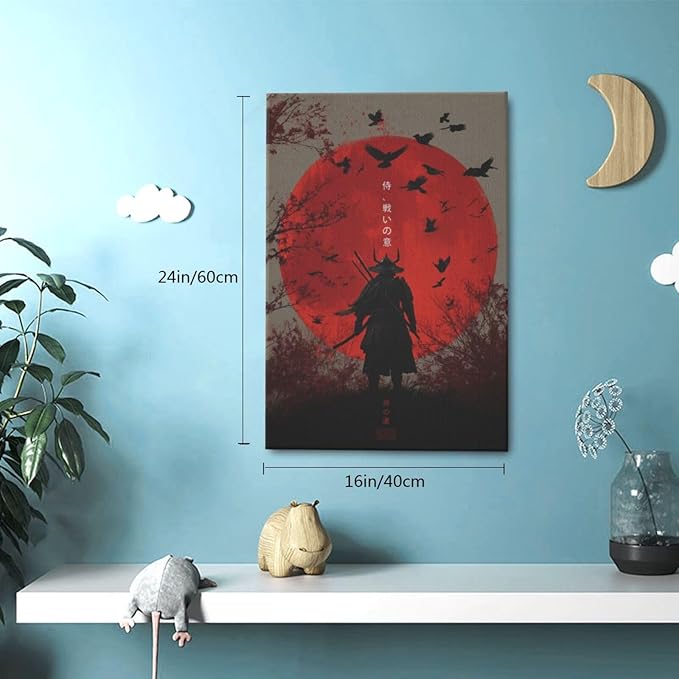 Japanese Armored Samurai Wall Art Modern Japan Warrior Canvas Wall Decor Asian Oriental Bushido Pictures Painting Print Artwork Framed Decorations Gifts for Room Bedroom Office Living Room 16"x24"
