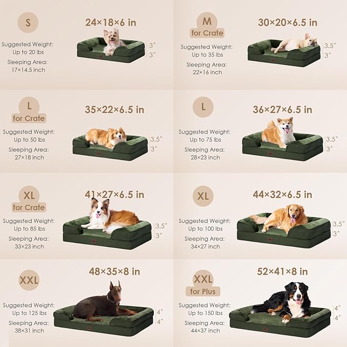 EHEYCIGA Orthopedic Dog Beds for Large Dogs, Waterproof Memory Foam Large Pet Bed with Sides, Non-Slip Bottom and Egg-Crate Foam Dog Couch Bed with Washable Removable Cover, Dark Green