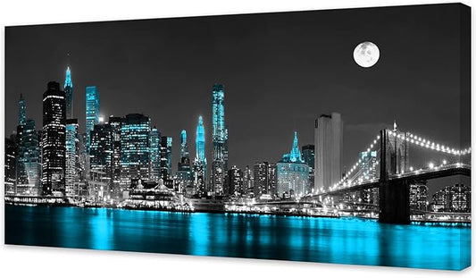 Jiuqinghua Wall Art Decor Canvas Print Picture 1 Panel Black White and Blue New York Brooklyn Bridge Cityscape Night Building Painting for Kitchen Office Home Decor Framed Ready to Hang 20x40inch