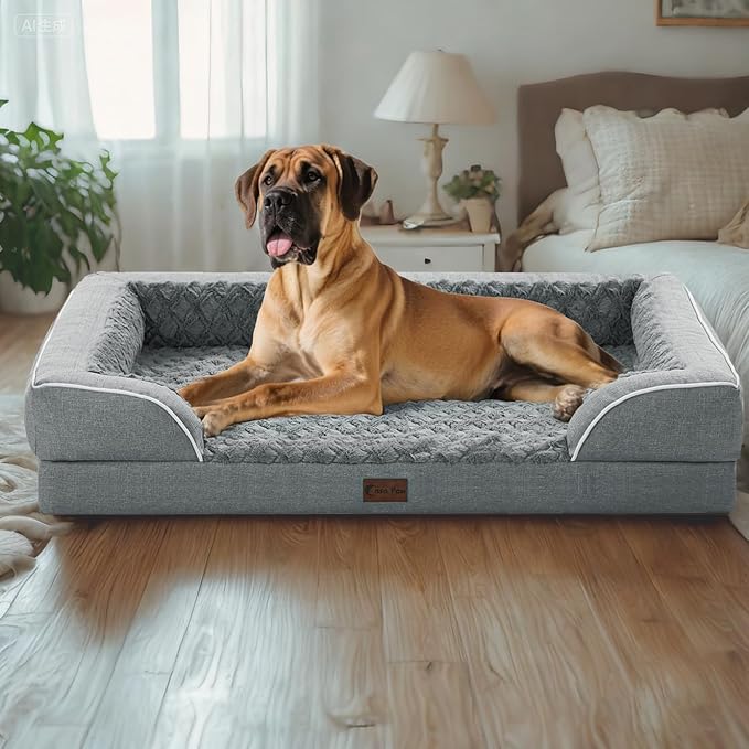 Orthopedic XL Dog Bed for Extra Large Dogs, Waterproof Memory Foam Dog Beds with Sides, Non-Slip Bottom and Egg-Crate Foam Big Dogs Couch Beds with Removable Washable Cover(X-Large,Grey)