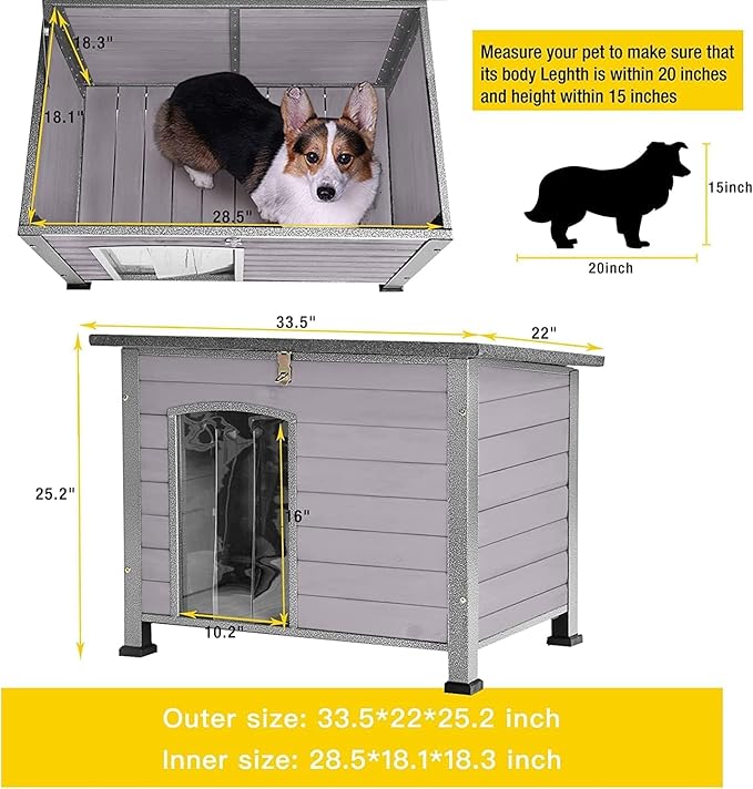 Aivituvin Dog House Outdoor Indoor Weatherproof Dog House for Small & Medium & Large Dogs with Unique All-Around Iron Frame＆Raised Feet（Grey）