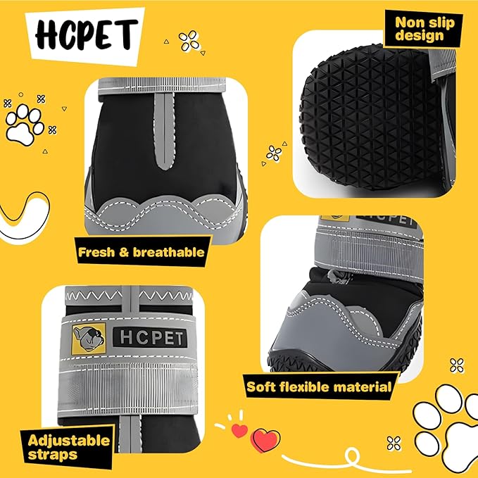 Hcpet Dog Shoes for Large Dogs, Waterproof Dog Booties for Small Medium Dogs, Anti-Slip Dog Boots & Paw Protectors for Hot Pavement Winter Snow Hiking with Reflective Straps Black Size 5