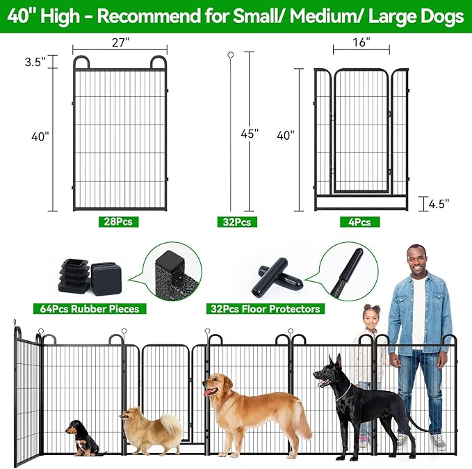 Dog Playpen Outdoor 32 Panels Heavy Duty Dog Fence 40" Height Anti-Rust with Doors Portable for RV Camping Yard, Total 71FT, 406 Sq.ft, Snowy Black