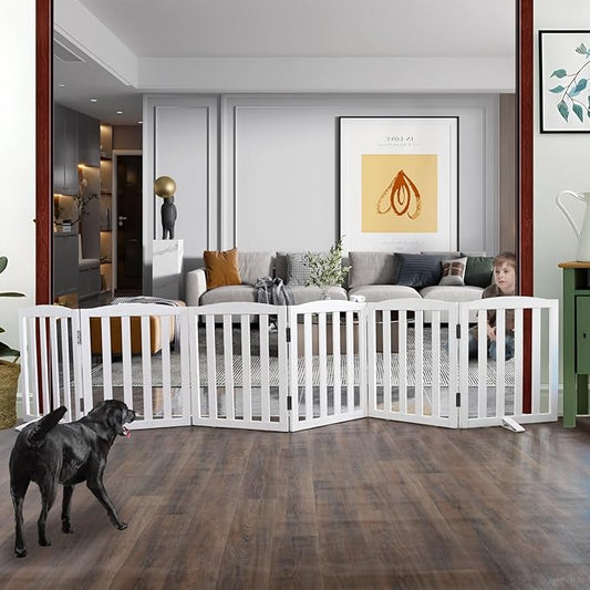 ZJSF Foldable Freestanding Indoor Dog Gate for House Wood White Long Pet Gates Dog Fence for Stairs Puppy Gates for Hallways,Pet Fence, Puppy Gate,Support Feet Included 24 "Height-6 Panels
