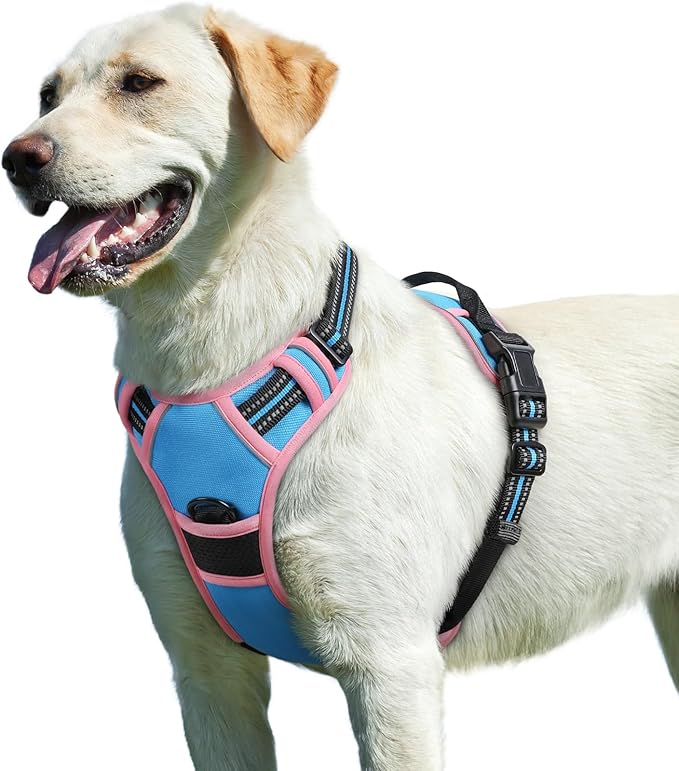 Eagloo Dog Harness for Large Dogs, No Pull Service Vest with Reflective Strips and Control Handle, Adjustable and Comfortable for Walking, No Choke Pet Harness with 2 Metal Rings, Pink & Blue, L