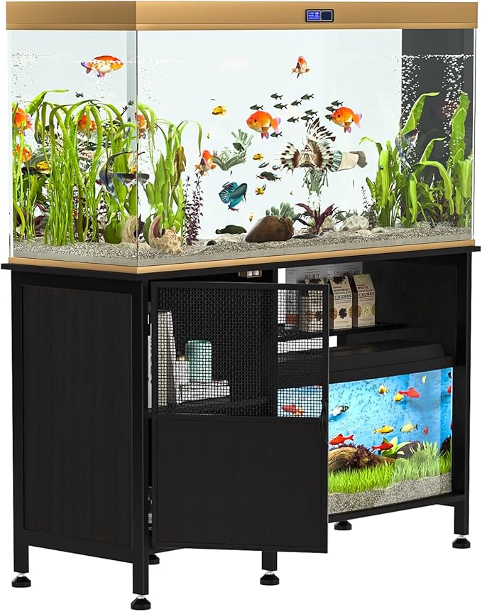 Fish Tank Stand, Modern Aquarium Stand with Built-in Cabinet and Shelves - Sleek Black Iron and Wood Grain Design for Stylish Home Décor（ 51.97" x W 19.69" x H 31.5"） Black