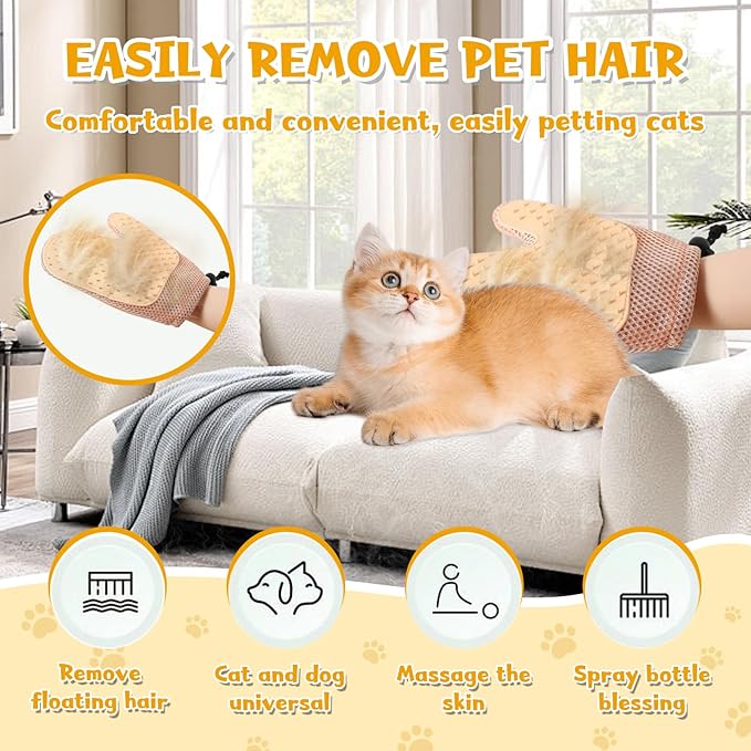 Pet Hair Removal Glove,2025 New All-in-One Grooming Mist Pet Hair Remover Gloves, Pet Hair Remover Glove for Cats & Dogs,Double-Sided Reusable Gloves for Couch, Clothing,Carpet (Pink)