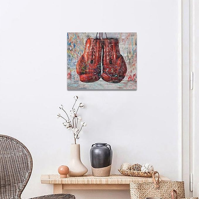 Quorin Banksy Graffiti Boxing Wall Art Red Boxing Gloves Pictures Gym Sport Wall Decor Canvas Print Painting Artwork for Gym Living Room Bedroom 16"x20"