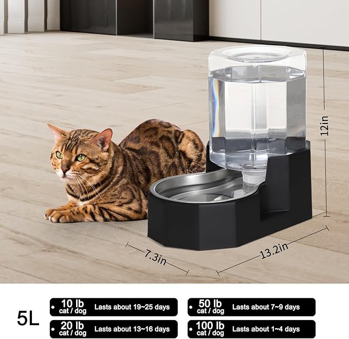 Sfozstra Gravity Water Bowl Dispenser : Automatic 5L Black Cat Stainless Steel Feeder Without Filters for Pets Indoor/Outdoor by Owners