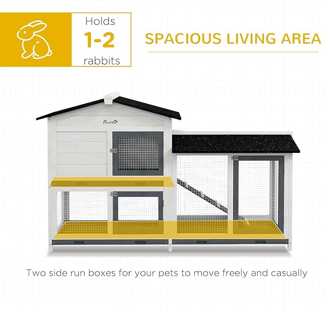 PawHut 62" Rabbit Hutch, Wooden Bunny Hutch, Guinea Pig Cage, Small Animal Enclosure with Run Area, Removable Tray, Asphalt Roof, Lockable Doors and Ramp, for Rabbits, Chickens, Ducks, White