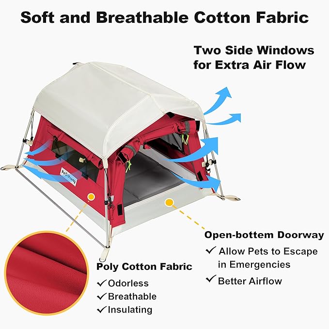 Dog Tent Cotton Fabric, Aluminum Poles and Camping Mat, Outdoor Weatherproof, Dog House Outdoor, Breathable with 2 Side Windows, Portable and Collapsible (Red, Small)
