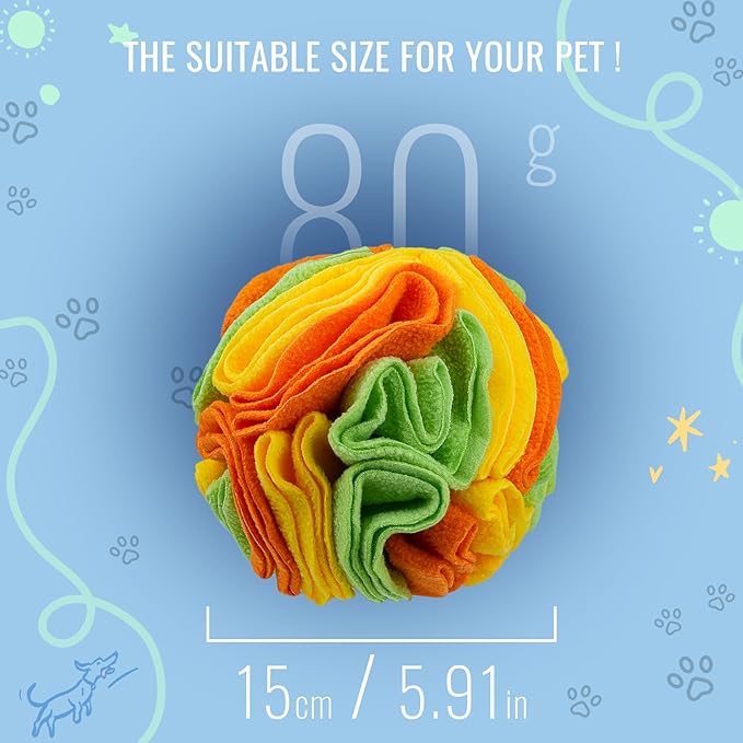 Pet Snuffle Ball, Puzzle Sniffing Interactive Dog Ball for Blind Dogs Training Stress Relief Dog Enrichment Toys Treat Machine Washable (15cm, Yellow Orange Green)