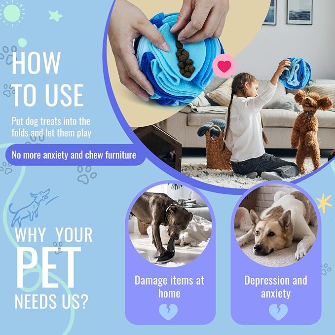 Pet Snuffle Ball, Puzzle Sniffing Interactive Dog Ball for Blind Dogs Training Stress Relief Dog Enrichment Toys Treat Machine Washable (15cm, Ocean Blue)